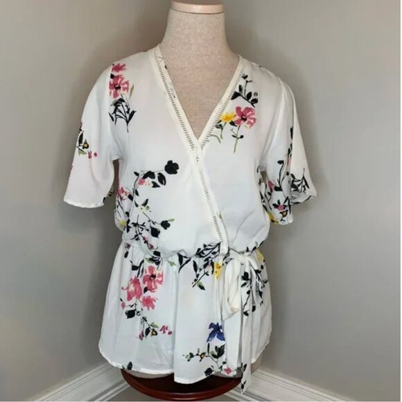 Sienna Sky Women's Floral V Neck Faux Wrap Top Tie Waist Cottage Core Medium - Picture 1 of 10
